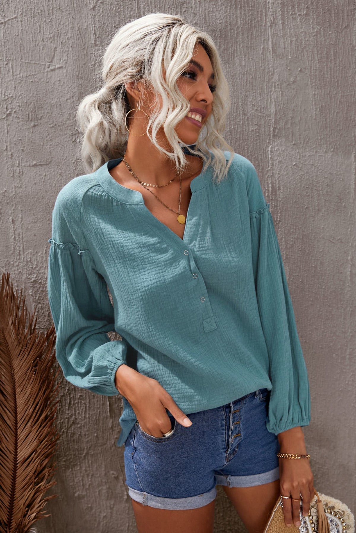 Casual Balloon Sleeve Crinkled Top