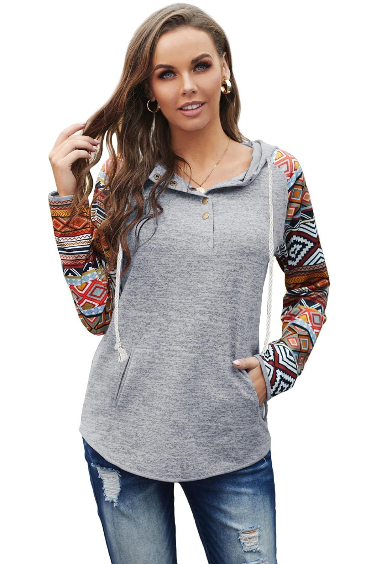 Tribal Print Long Sleeve Button Neckline Drawstring Hoodie