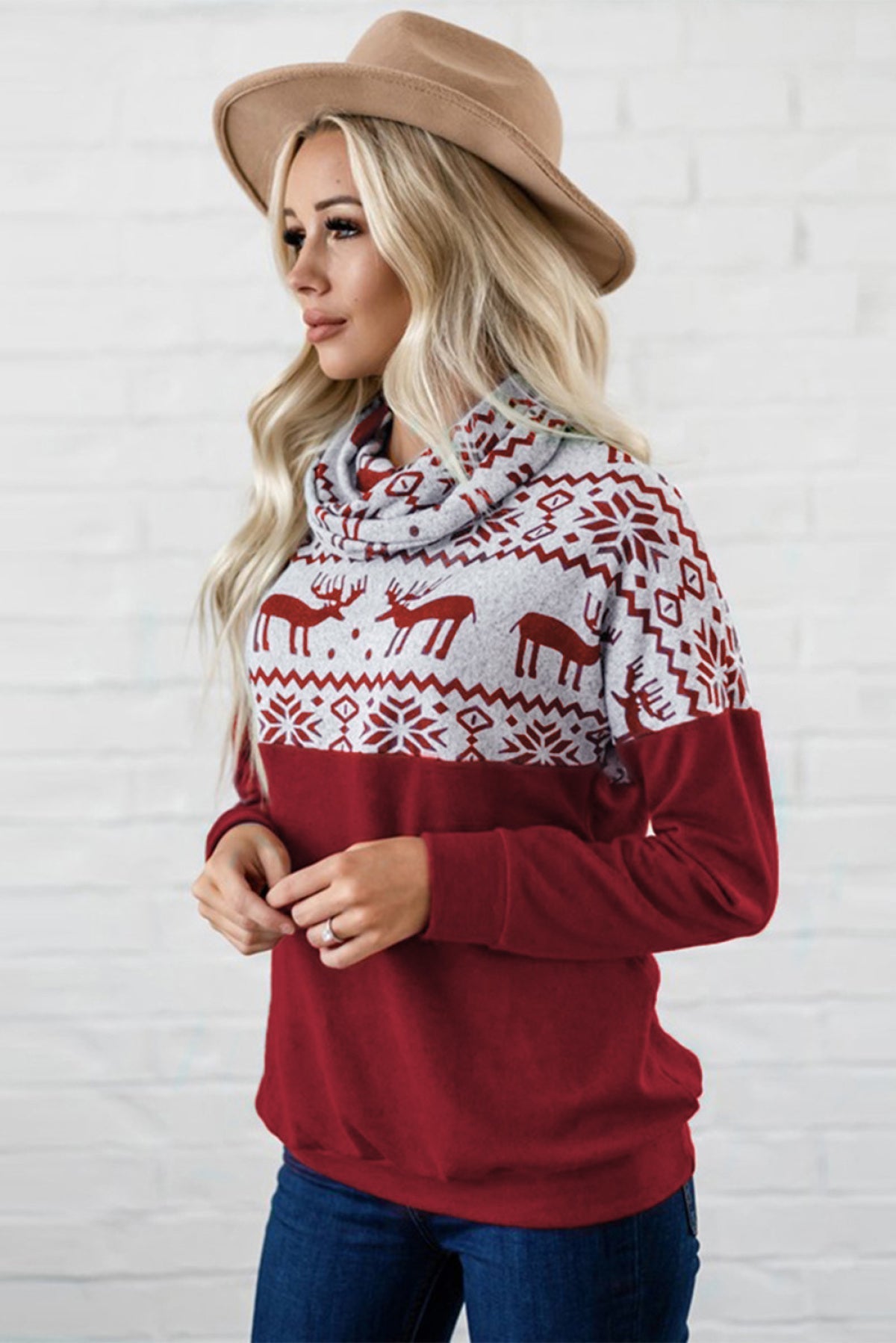 Red Black/Burgundy/Green Christmas Elk Print Cowl Neck Knit Top