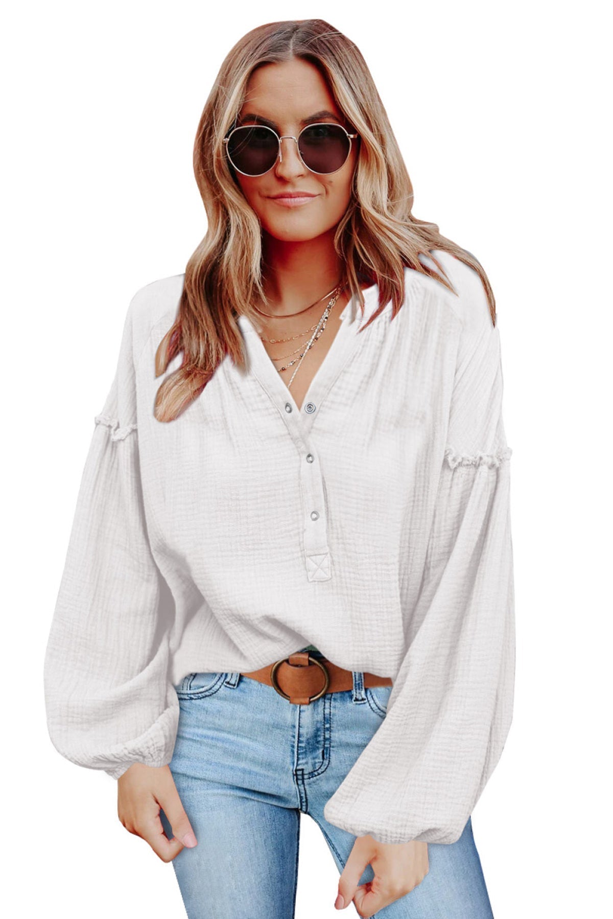 Casual Balloon Sleeve Crinkled Top