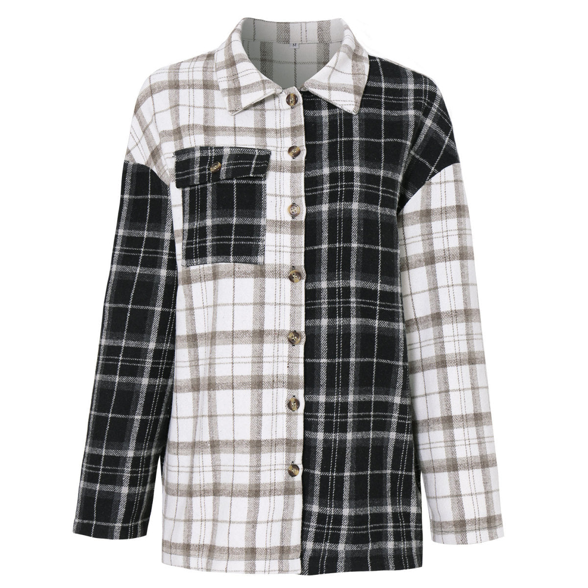 Plaid Color Block Button Up Long Sleeve Shirt