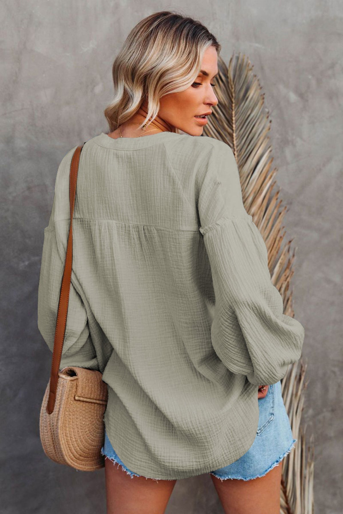 Casual Balloon Sleeve Crinkled Top