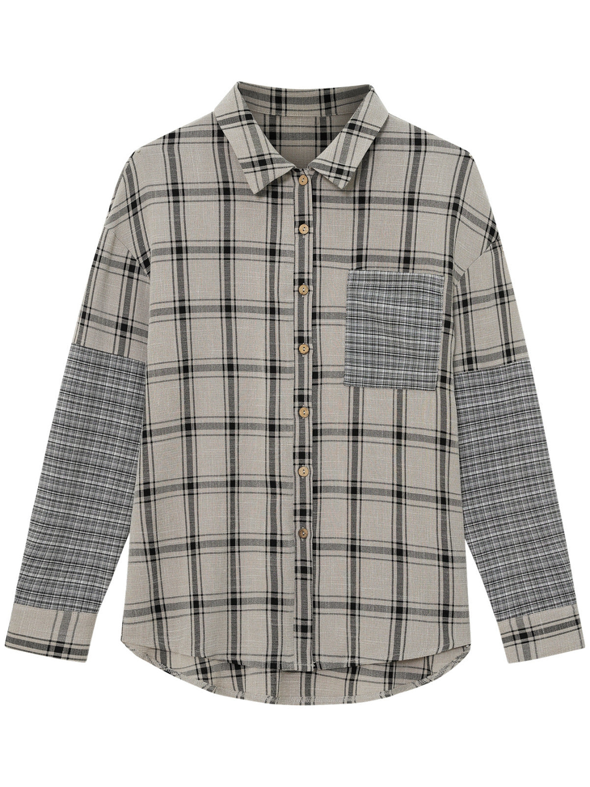 Collared Neck Long Sleeve Colorblock Plaid Blouse