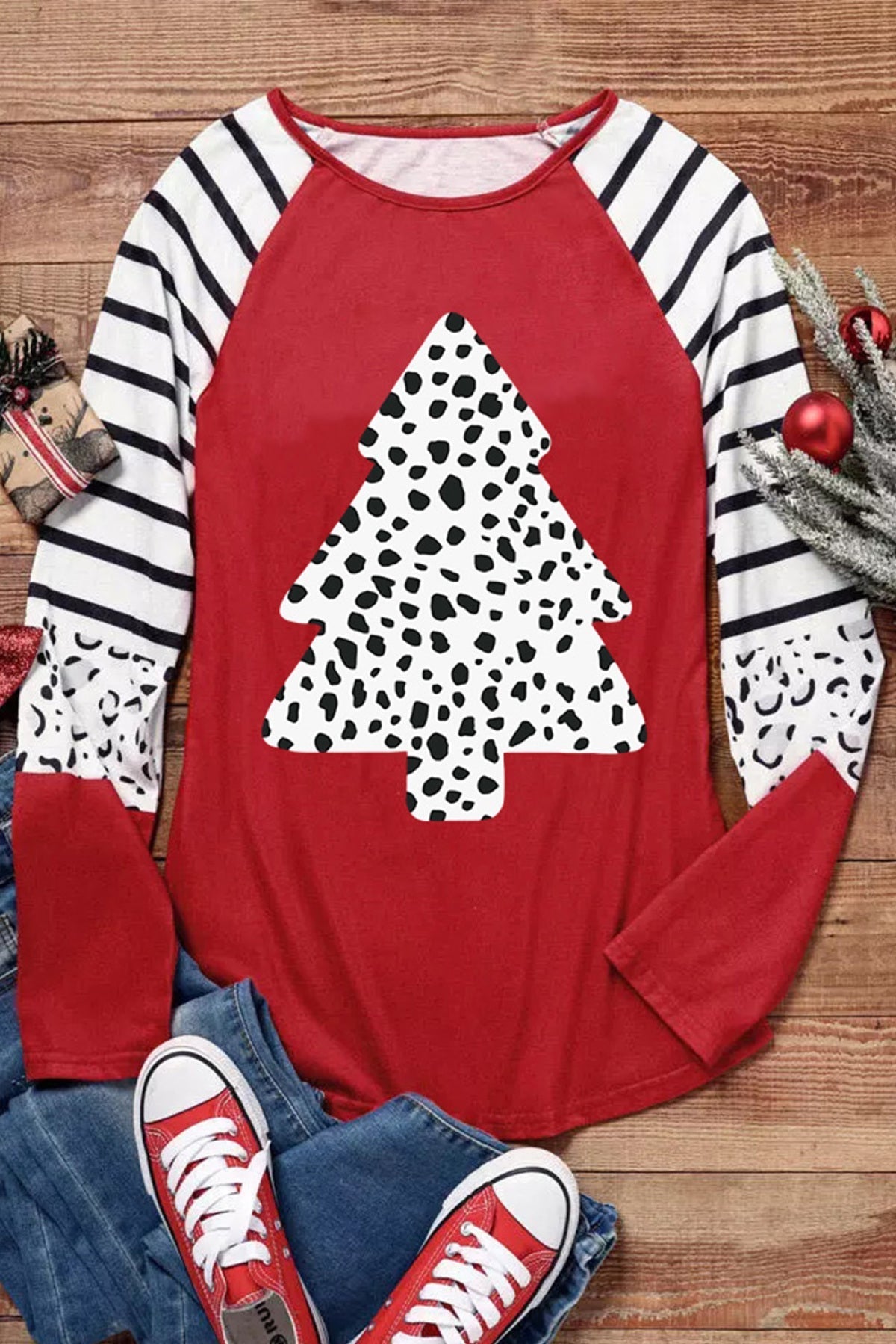 Red Leopard Christmas Tree Striped Color Block Long Sleeve Top