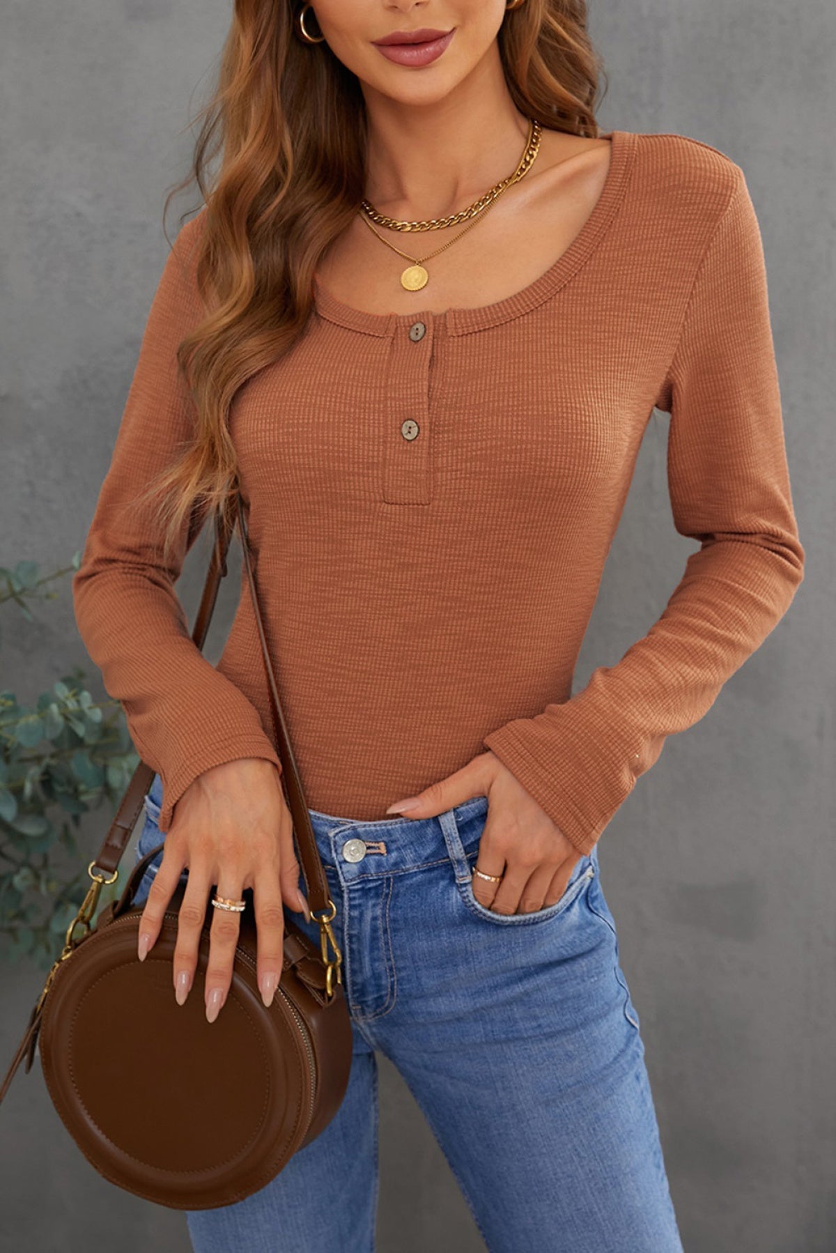 Crewneck Buttons Ribbed Knit Long Sleeve Top