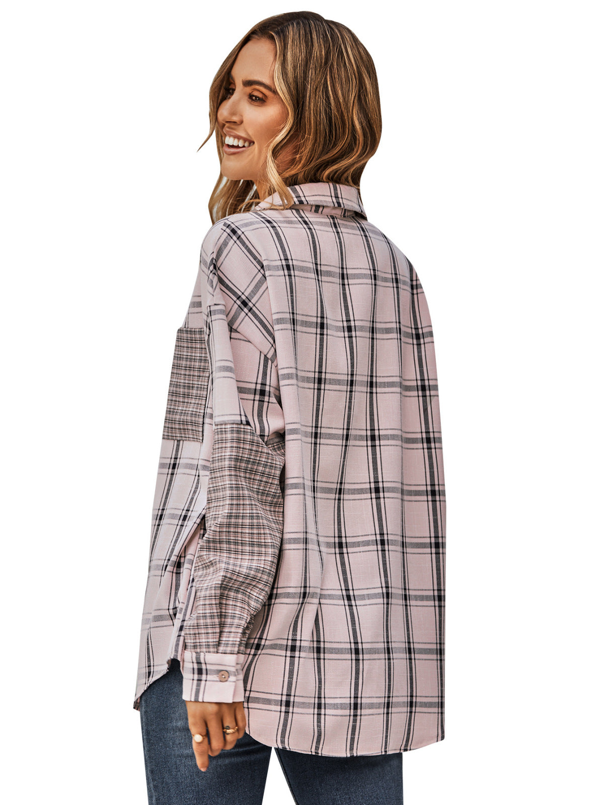 Collared Neck Long Sleeve Colorblock Plaid Blouse