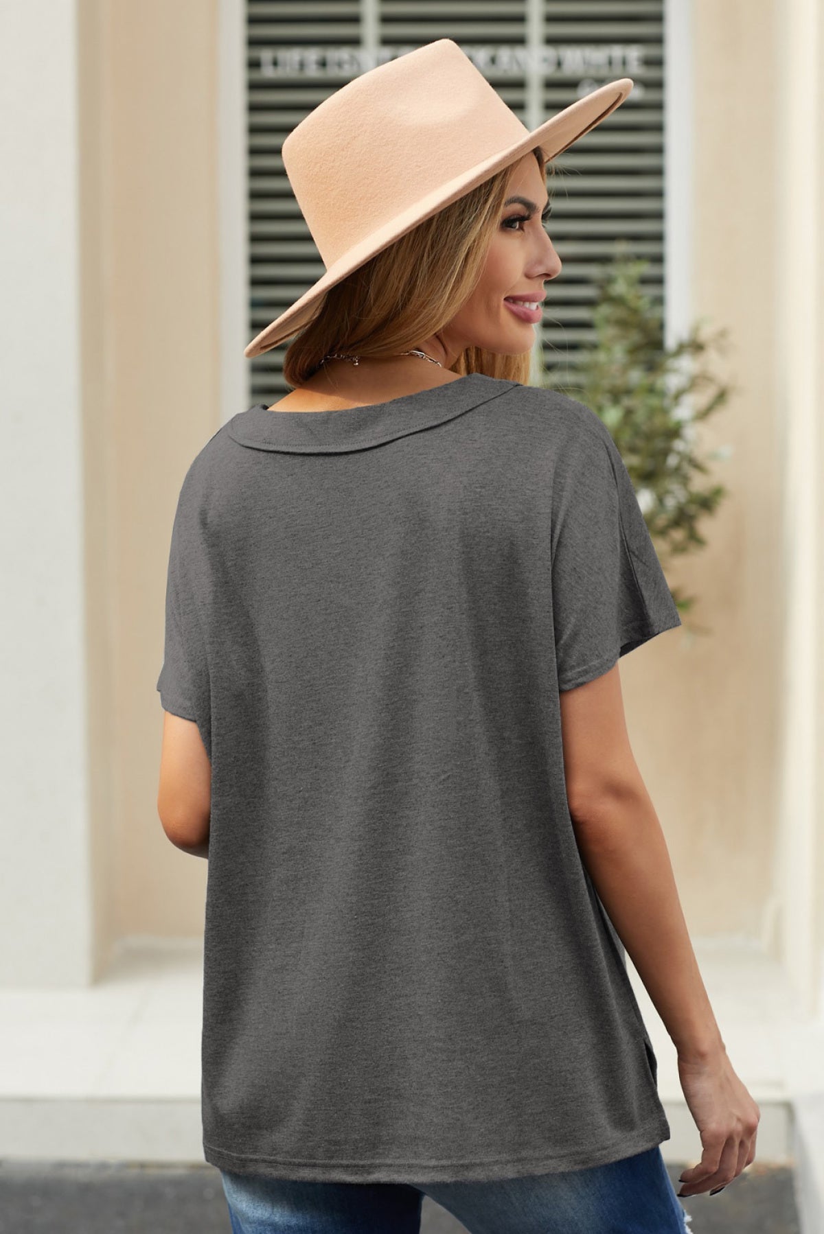 Oversized Mineral Wash Cotton Blend V Neck Short Sleeves Top