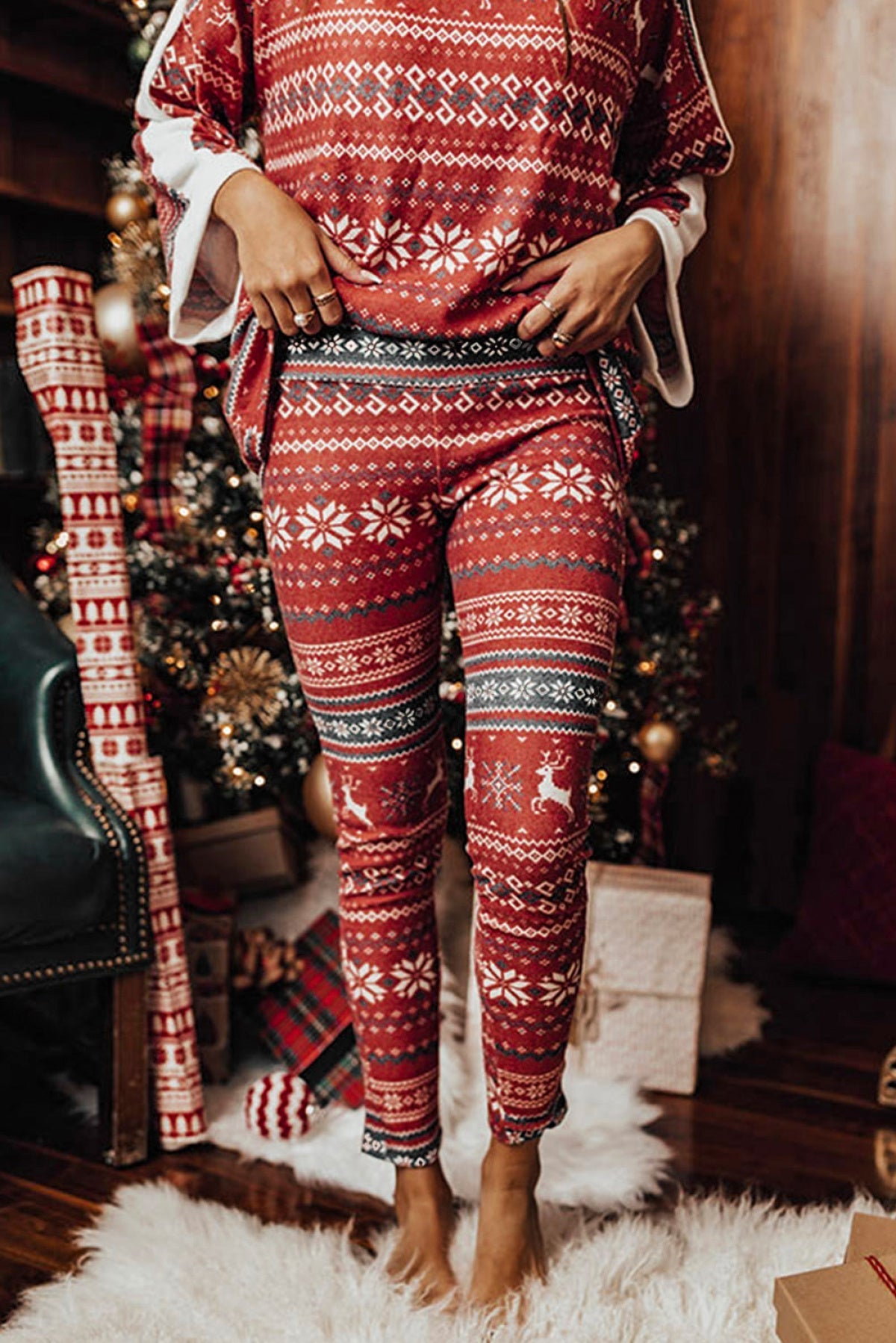 Red Reindeer Geometric Print Top And Skinny Pants Lounge Set