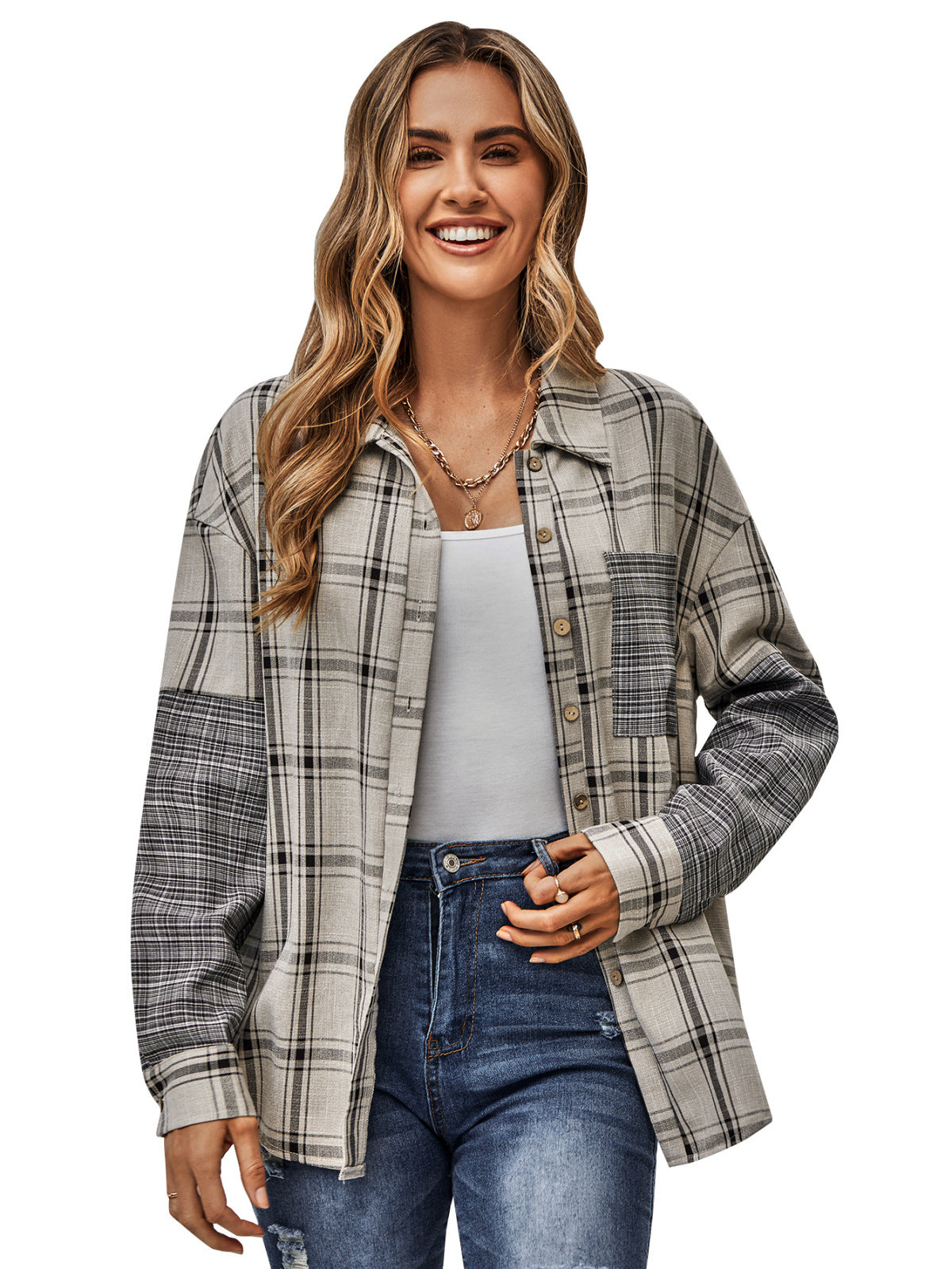 Collared Neck Long Sleeve Colorblock Plaid Blouse