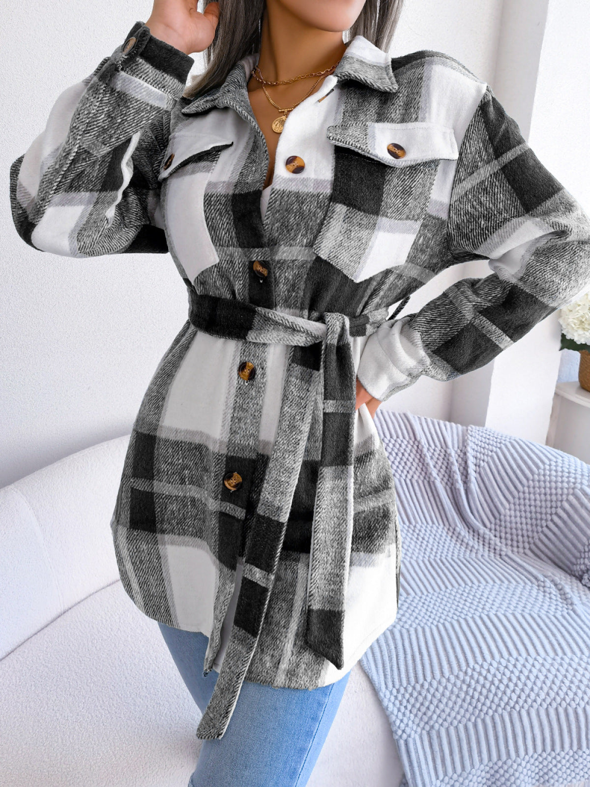 Plaid Button Down Woolen Coat with Belt