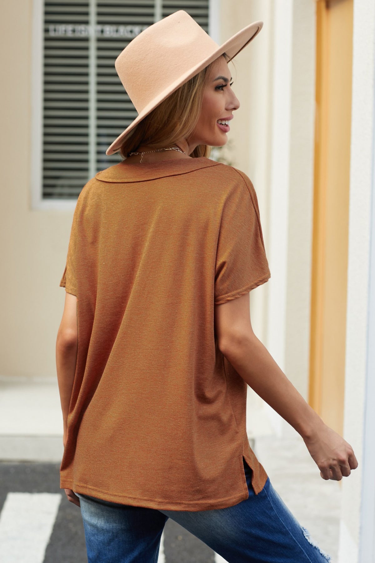 Oversized Mineral Wash Cotton Blend V Neck Short Sleeves Top