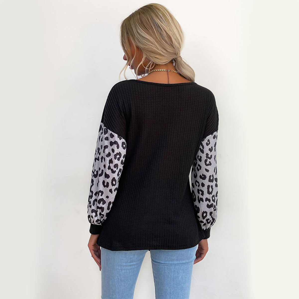 Round Neck Leopard Lantern Sleeve Tie Front Blouse