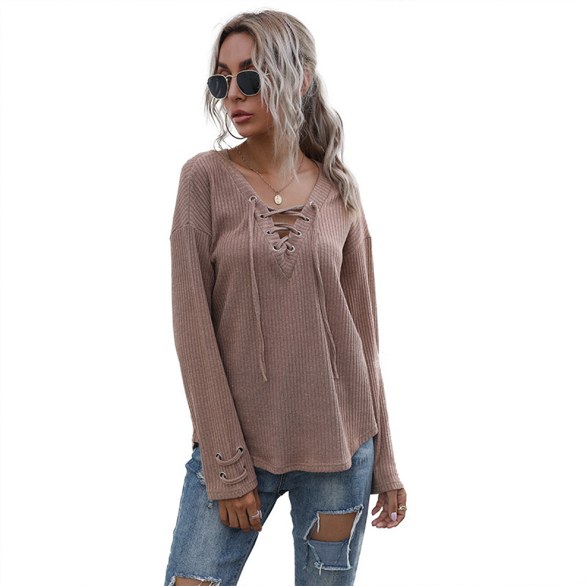 V-Neck Long Sleeve Tie Front Blouse