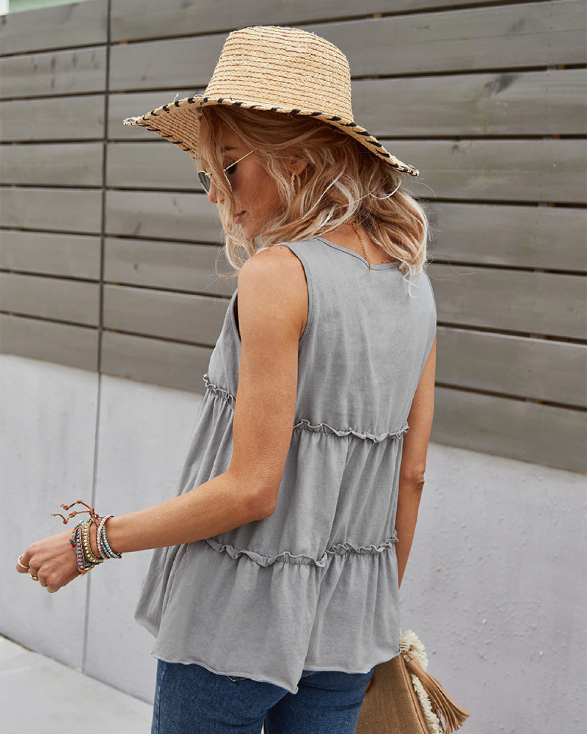 Notched Ruffle Trim Tassel Solid Color Tank Top