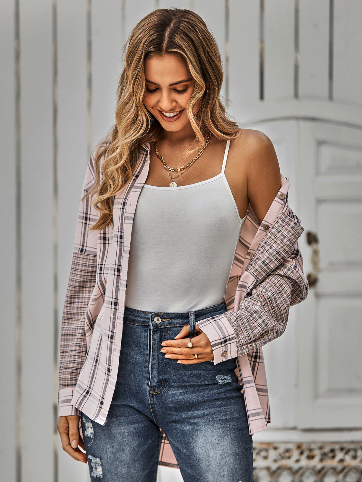 Collared Neck Long Sleeve Colorblock Plaid Blouse