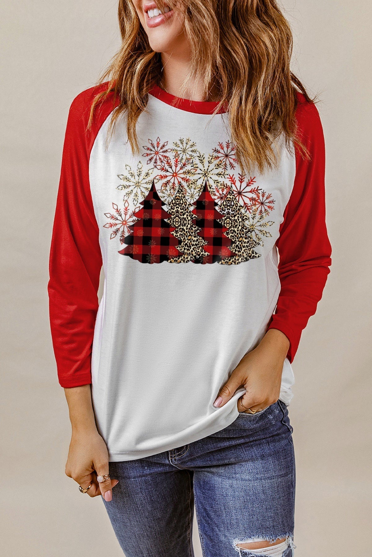 Red Christmas Tree Snowflake Print Color Block Top