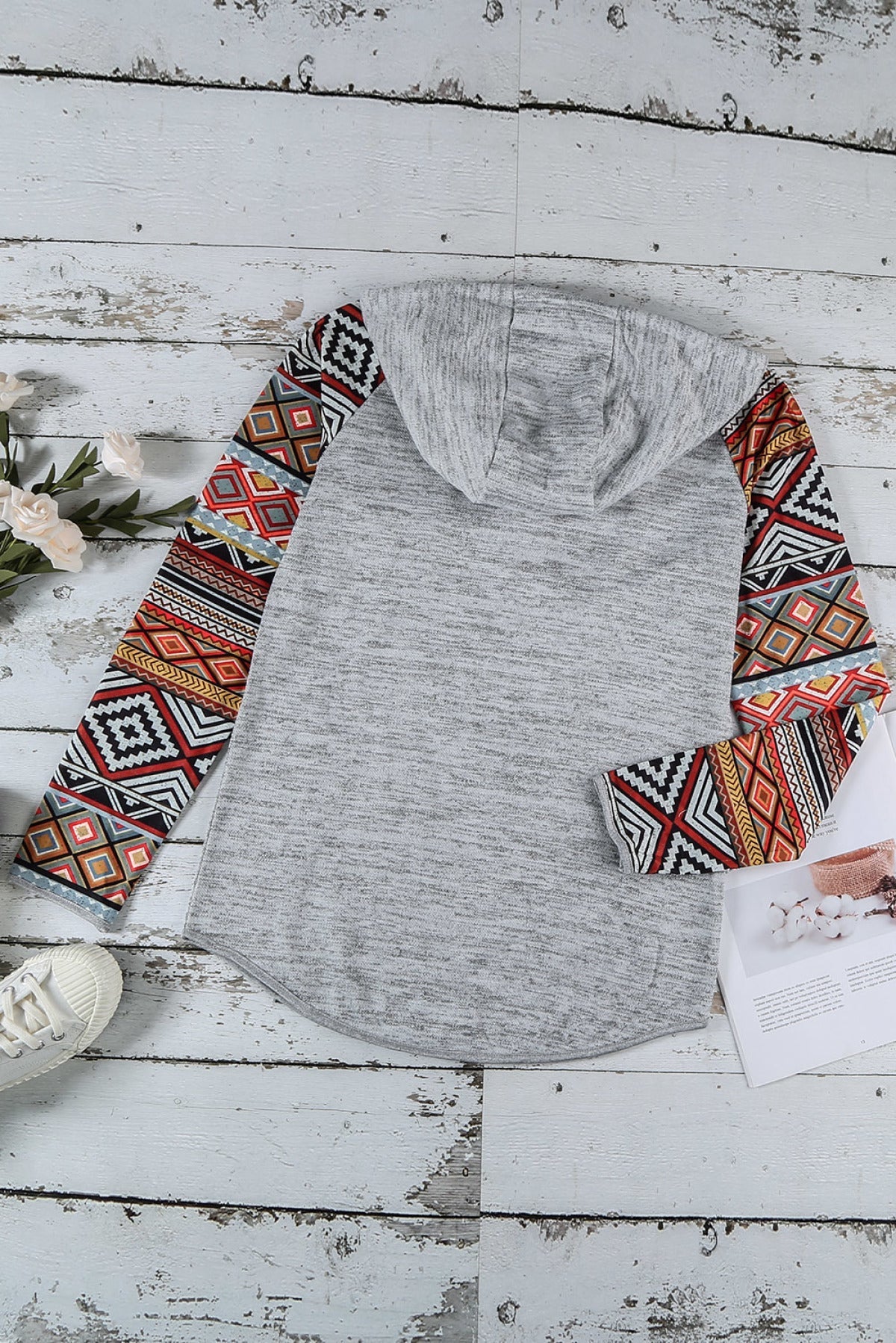 Tribal Print Long Sleeve Button Neckline Drawstring Hoodie