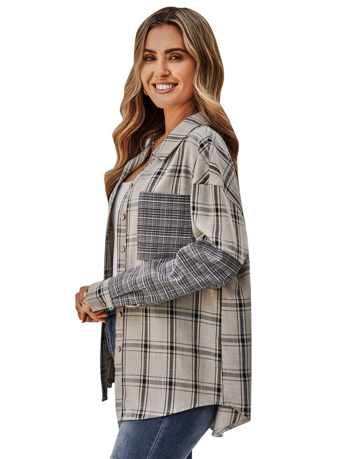 Collared Neck Long Sleeve Colorblock Plaid Blouse