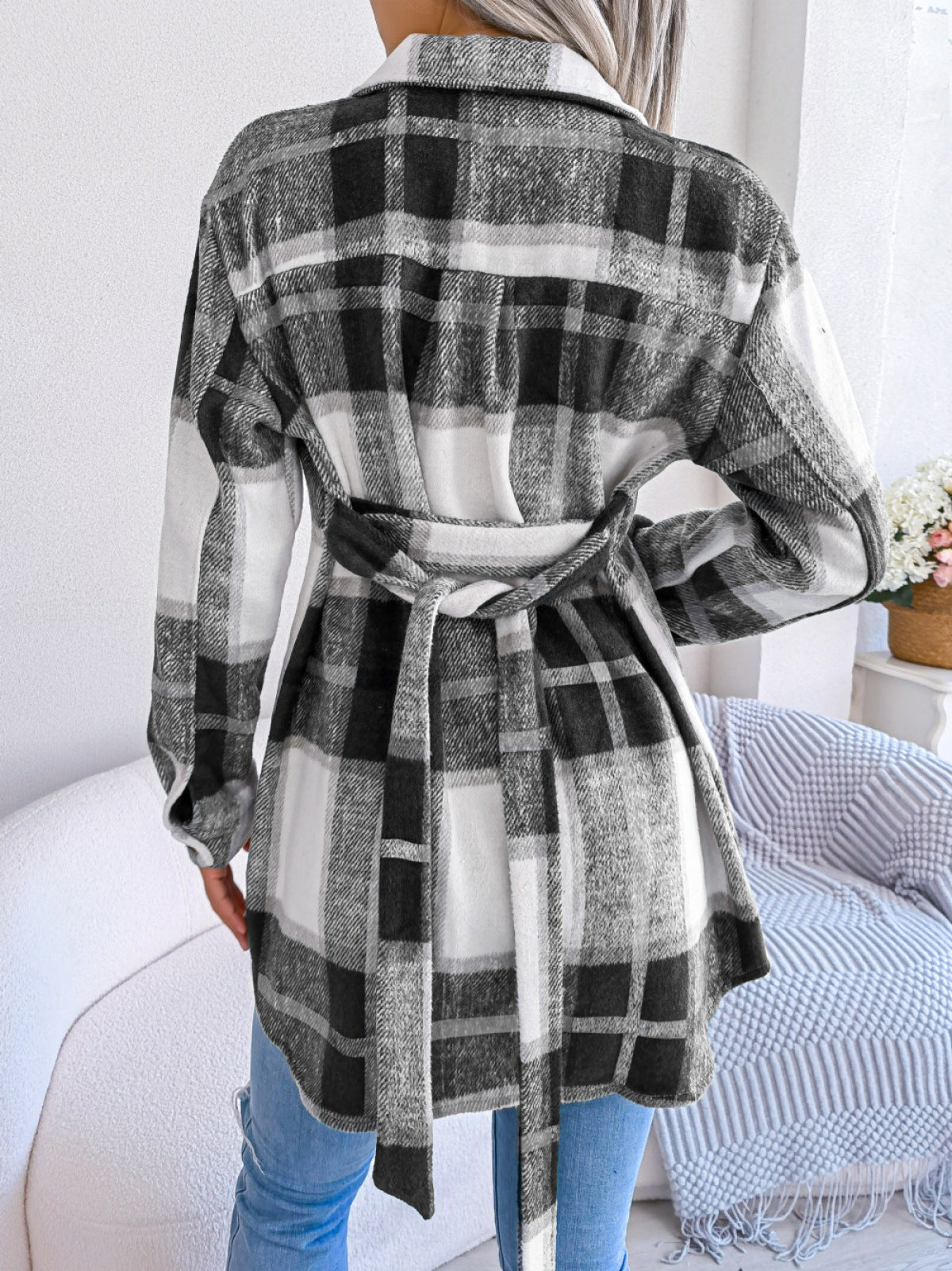 Plaid Button Down Woolen Coat with Belt