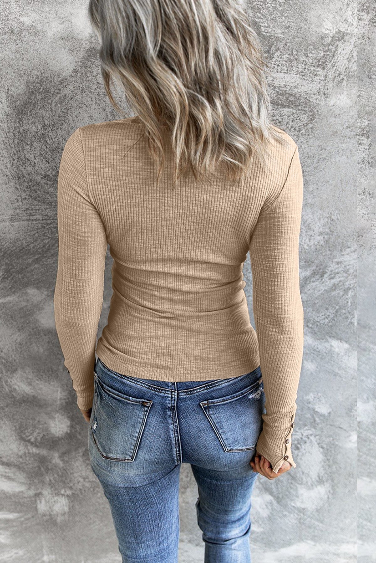 Crewneck Buttons Ribbed Knit Long Sleeve Top