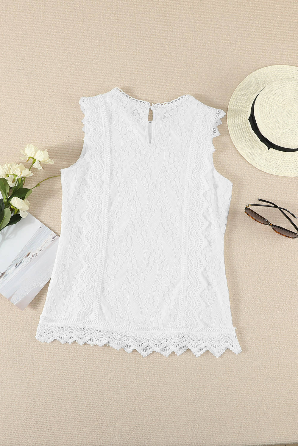 White Crew Neck Scalloped Trim Lace Tank