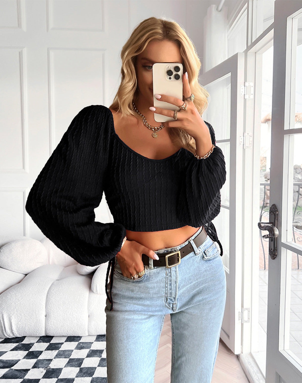 V-Neck Solid Long Sleeve Drawstring Cropped Top