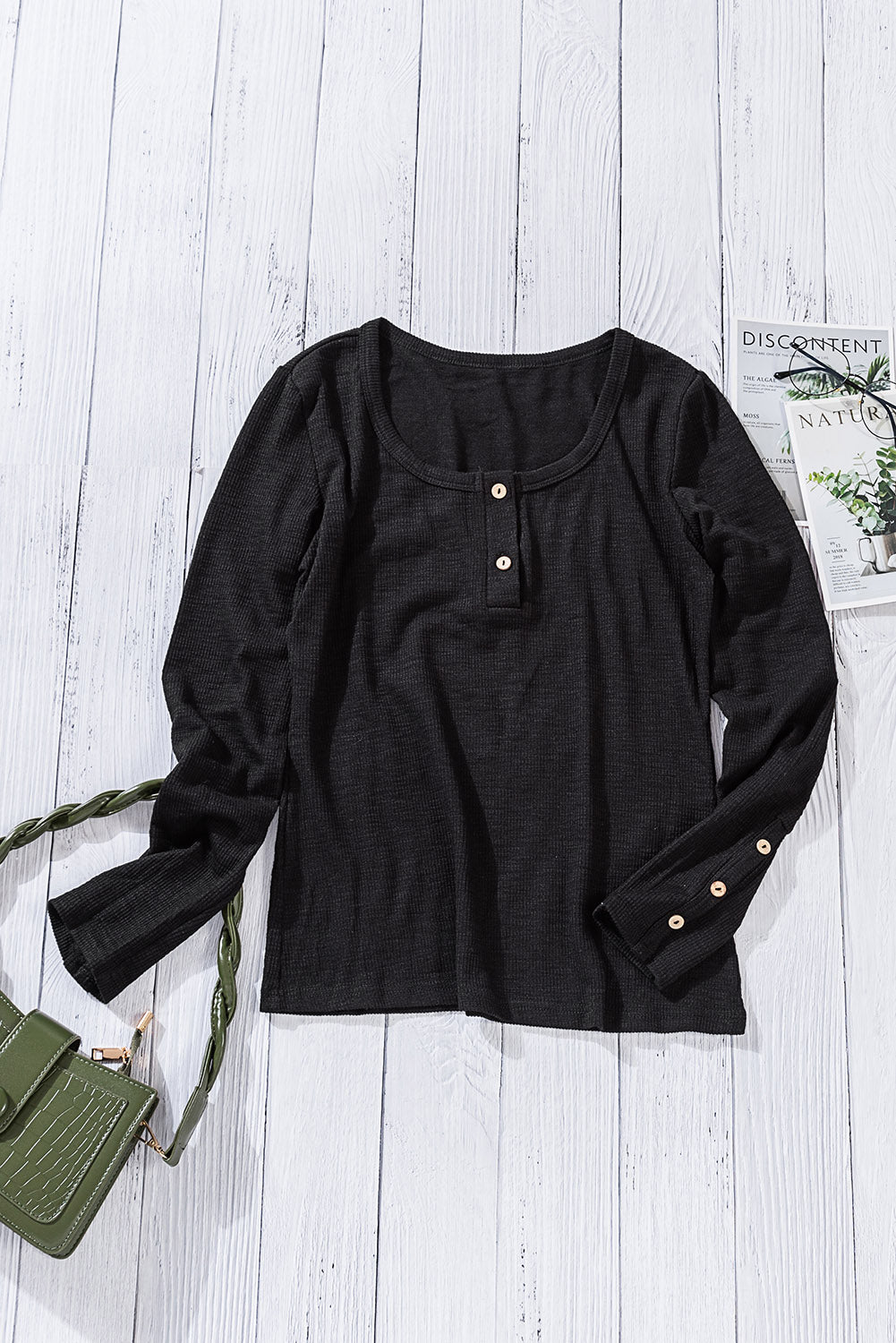 Crewneck Buttons Ribbed Knit Long Sleeve Top