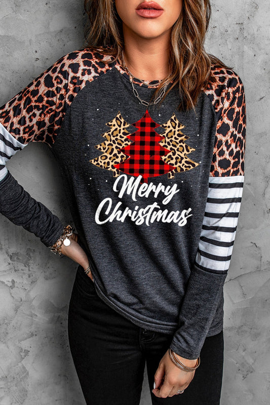 Black Merry Christmas Tree Leopard Stripe Print Graphic Top