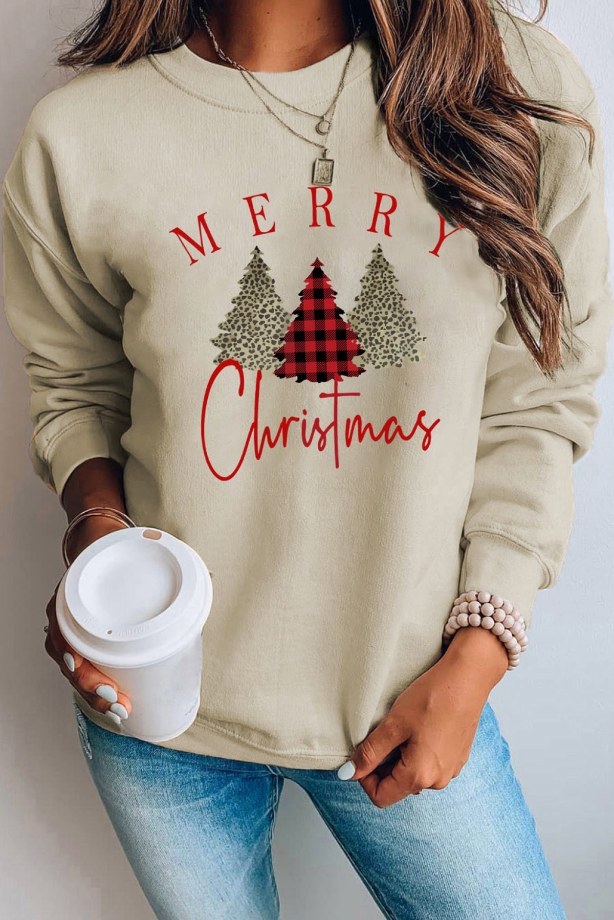 Khaki Leopard Plaid Tree Graphic Christmas Sweatshirt