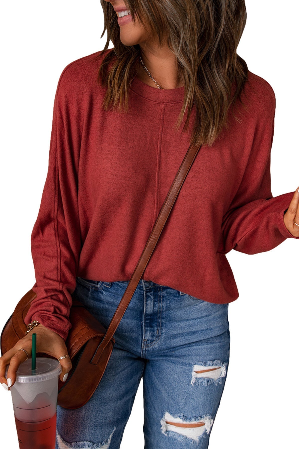 Red Solid Color Patchwork Long Sleeve Top