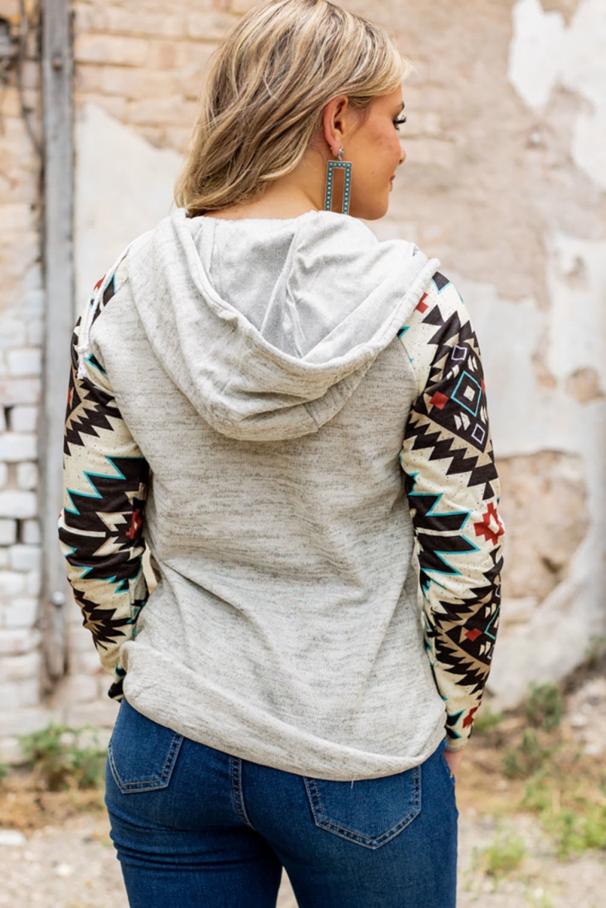 Tribal Print Long Sleeve Button Neckline Drawstring Hoodie