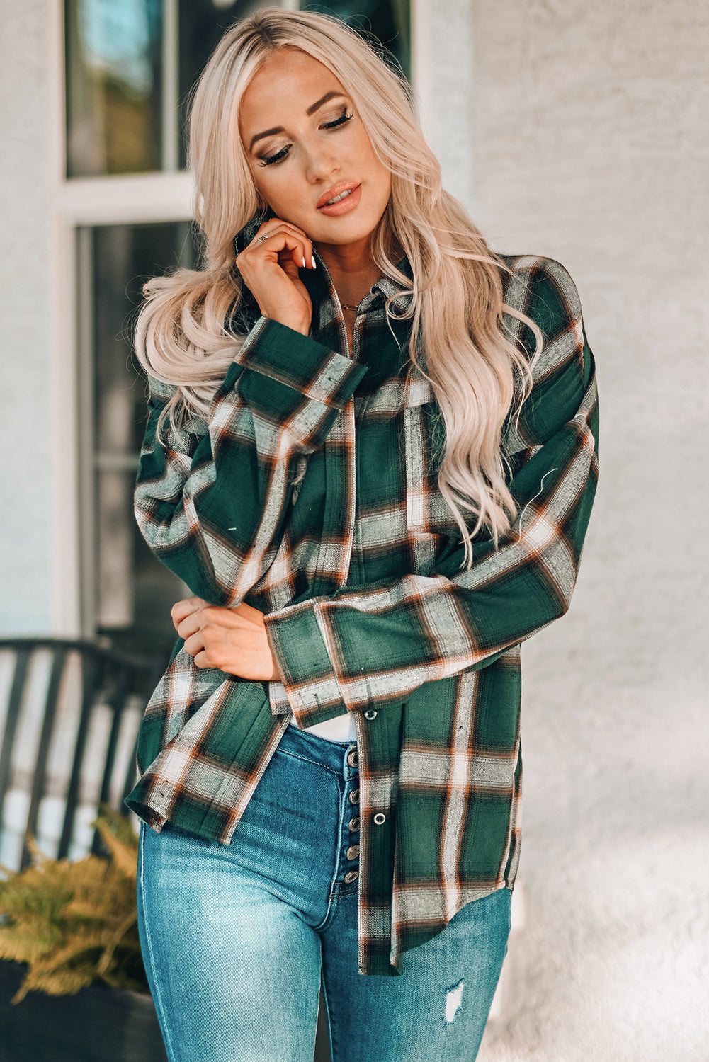 Drop Shoulder Plaid Buttons Shirt