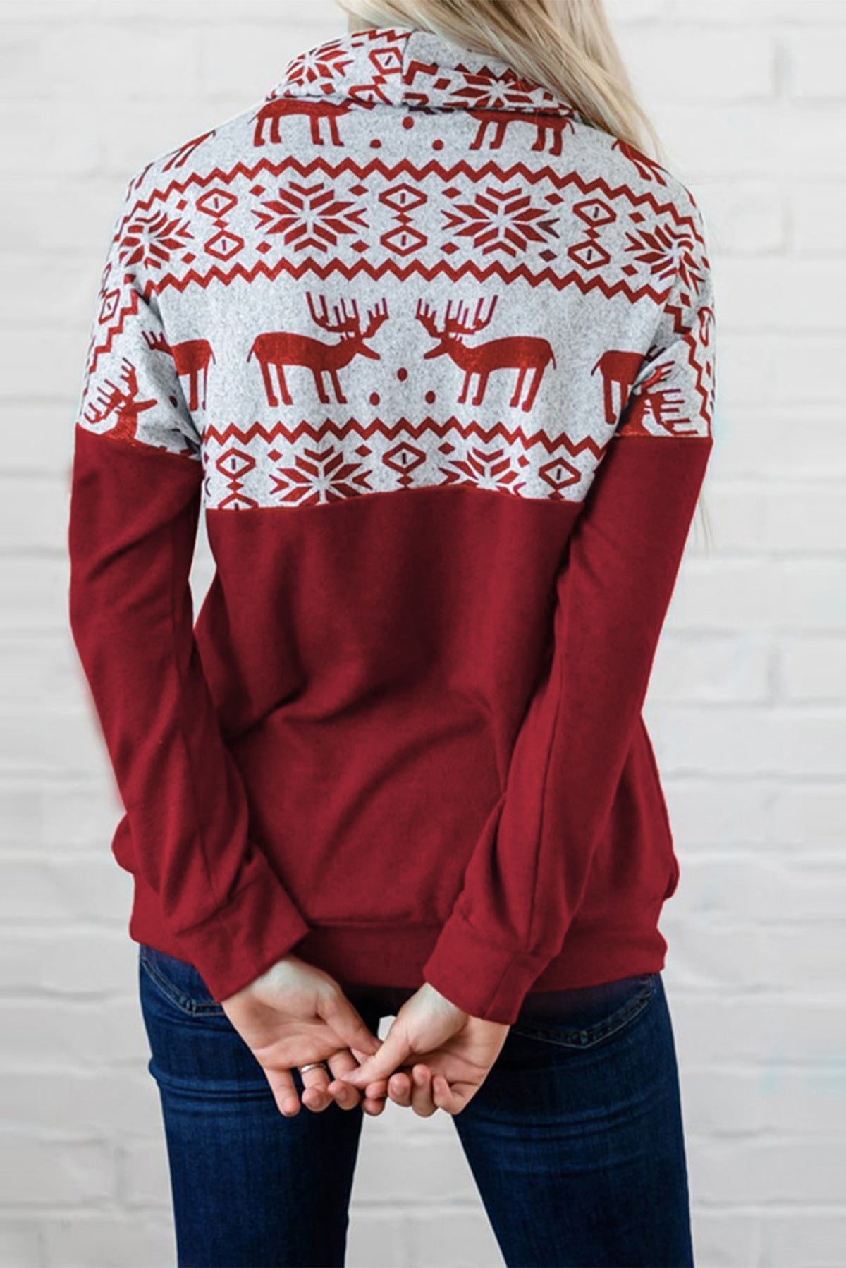 Red Black/Burgundy/Green Christmas Elk Print Cowl Neck Knit Top