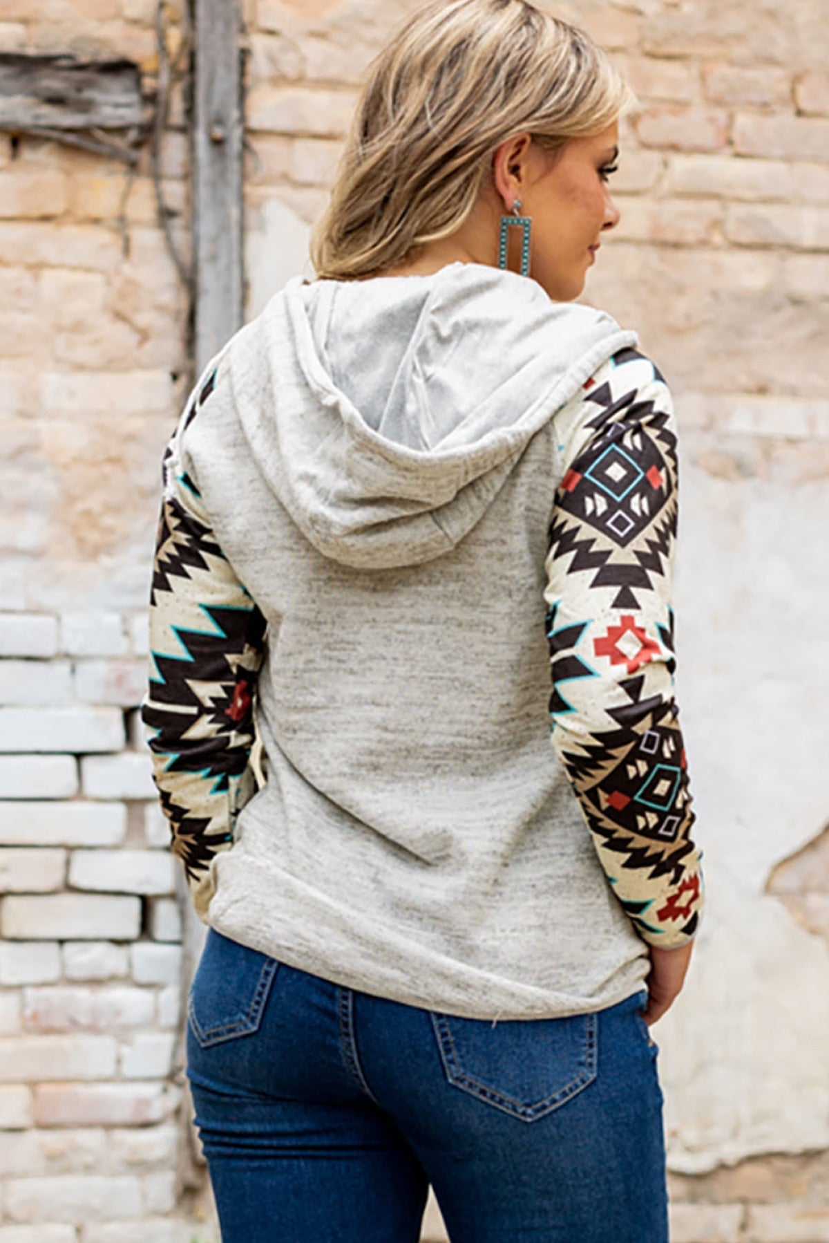 Tribal Print Long Sleeve Button Neckline Drawstring Hoodie