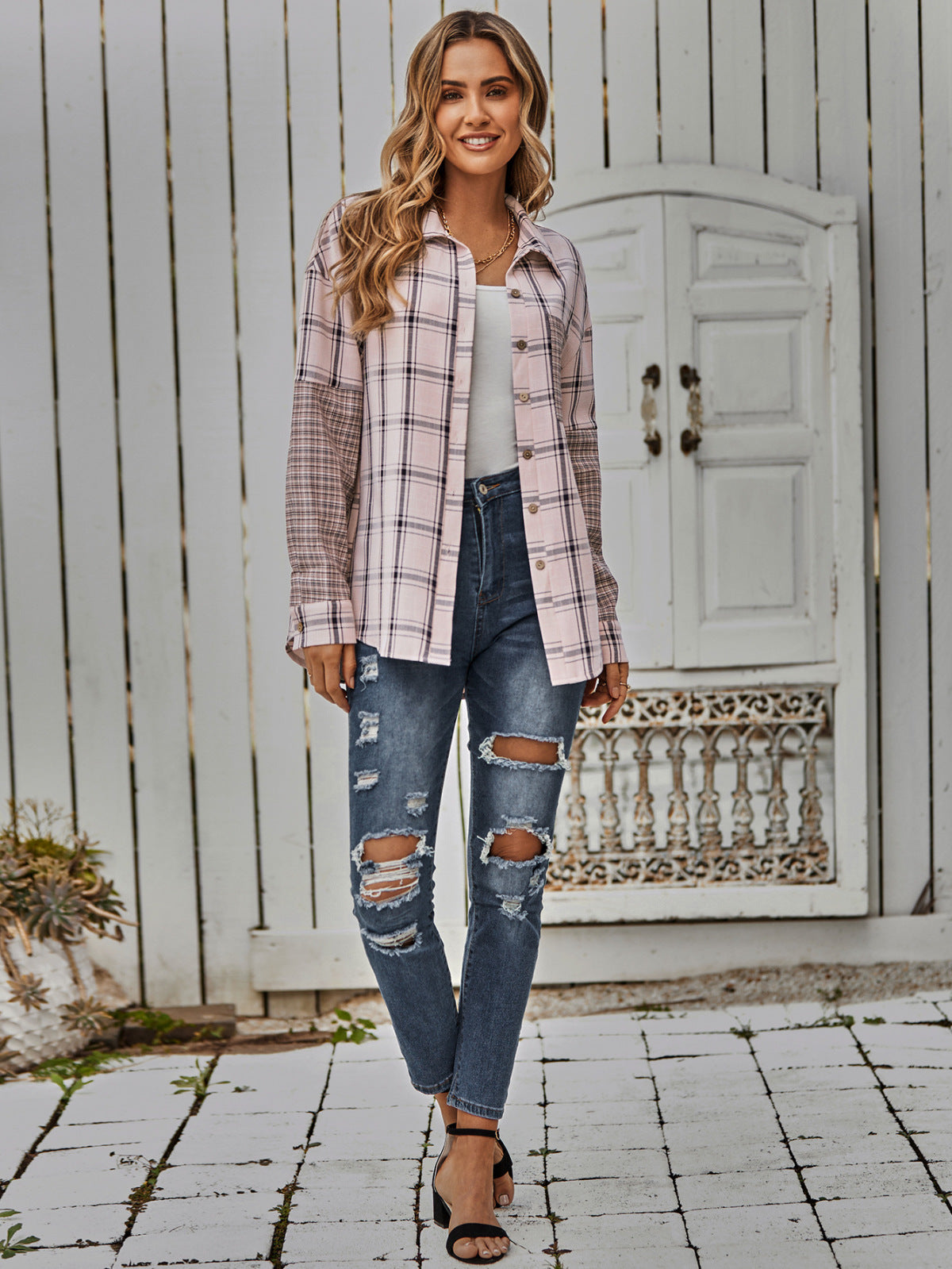 Collared Neck Long Sleeve Colorblock Plaid Blouse