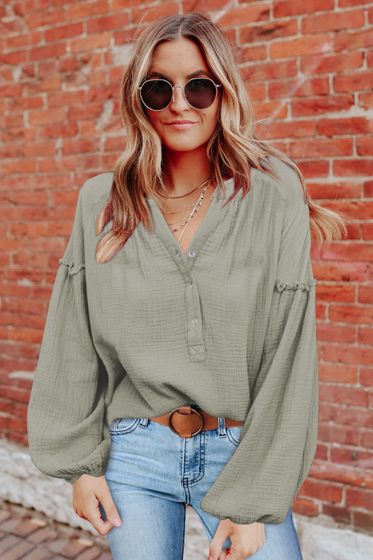 Casual Balloon Sleeve Crinkled Top