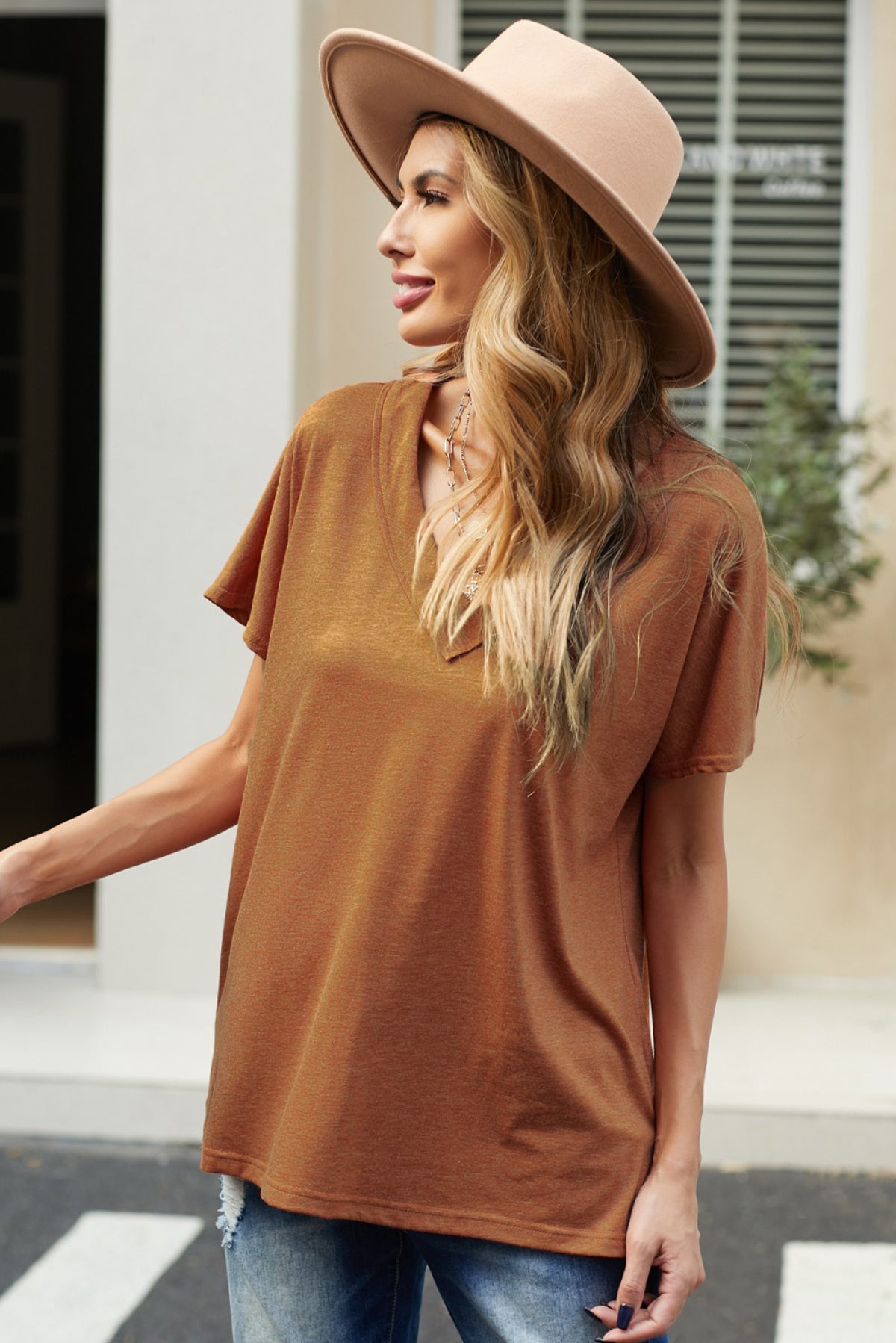 Oversized Mineral Wash Cotton Blend V Neck Short Sleeves Top