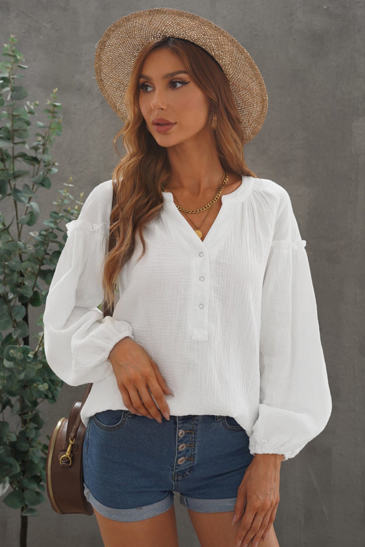 Casual Balloon Sleeve Crinkled Top