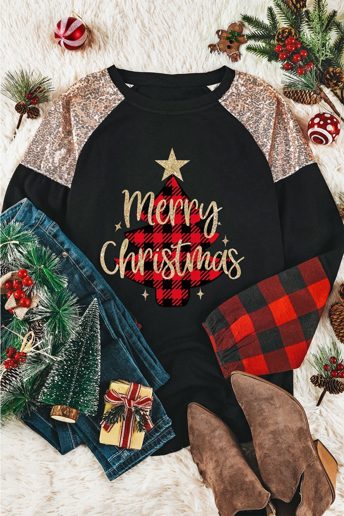 Black Merry Christmas Plaid Glitter Print Sequin Patchwork Top