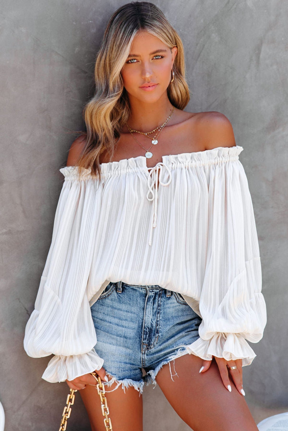 White Frilled Off The Shoulder Striped Blouse