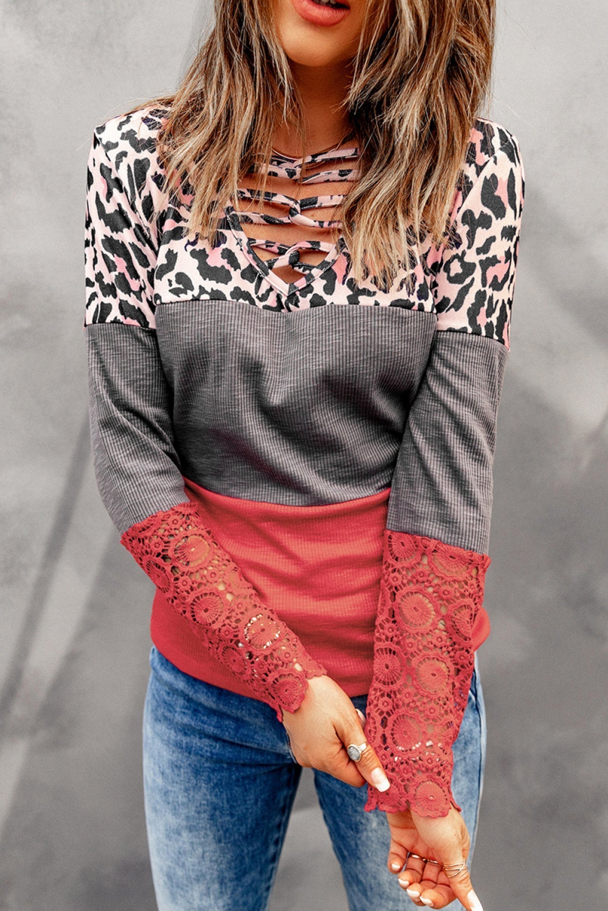 Lace Splicing Hollow-Out Leopard Color Block Top