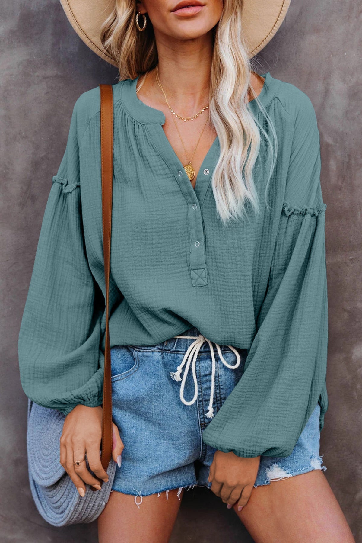 Casual Balloon Sleeve Crinkled Top