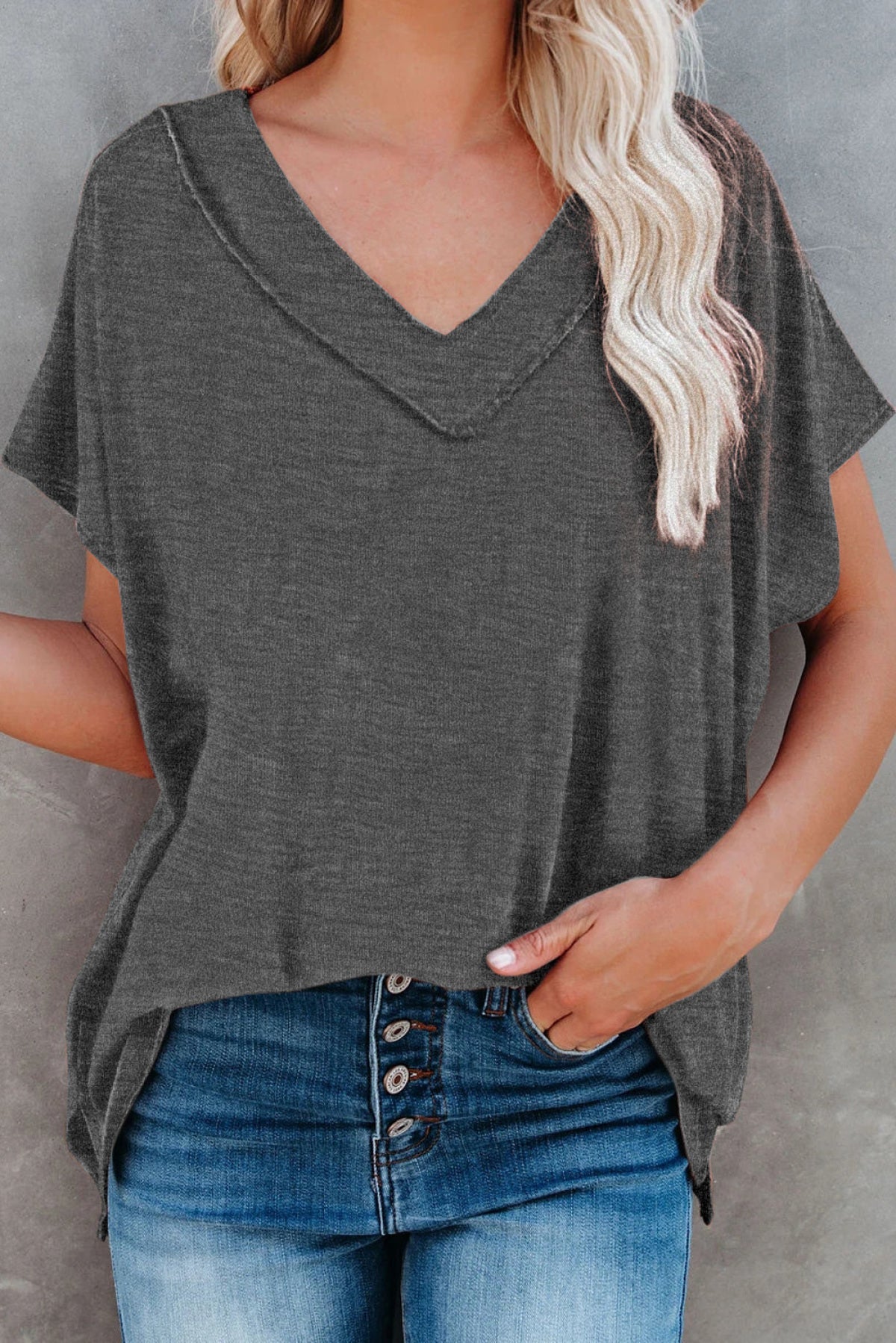 Oversized Mineral Wash Cotton Blend V Neck Short Sleeves Top