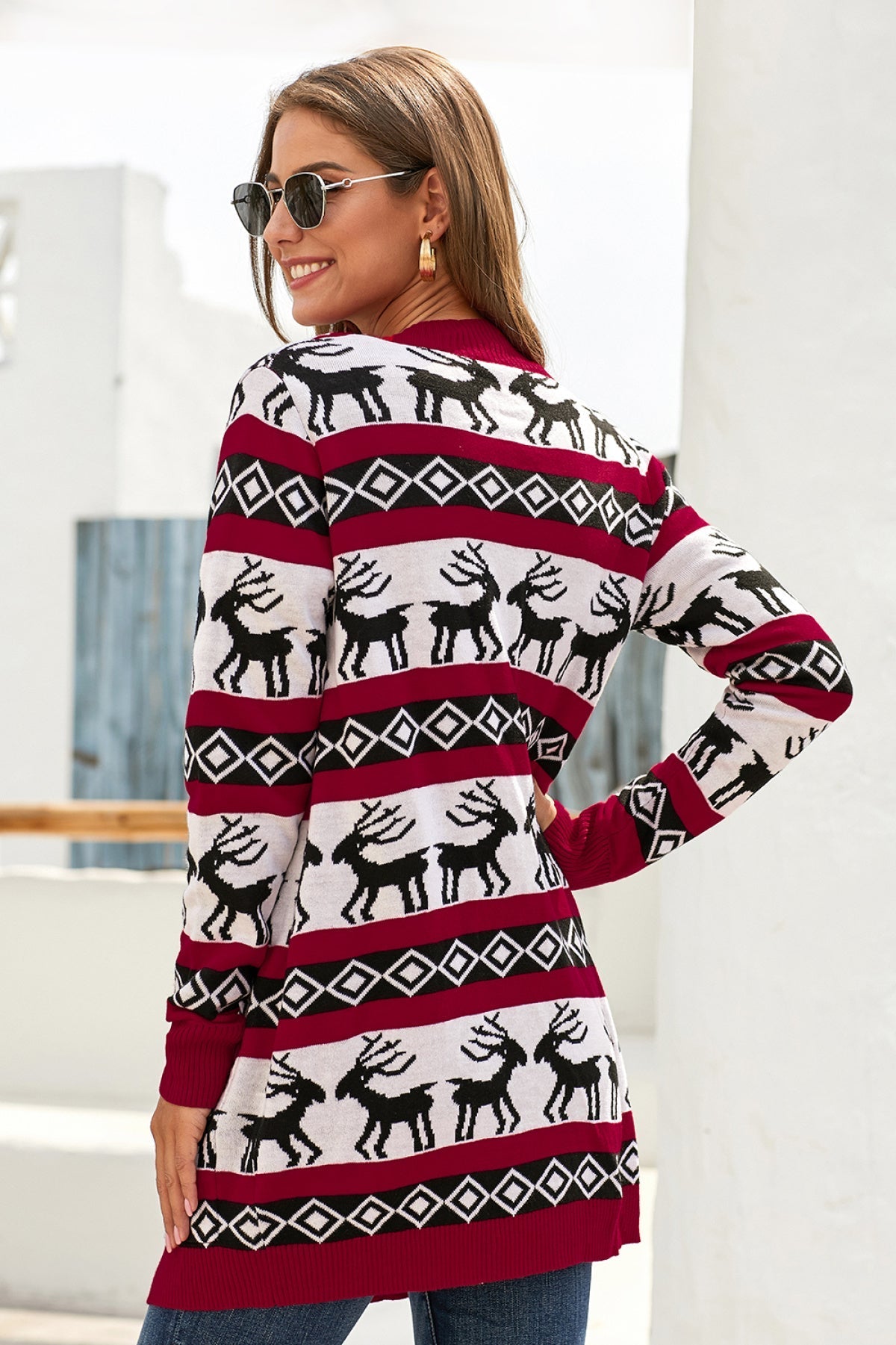 Red Christmas Elk Print Buttoned V Neck Knitted Sweater