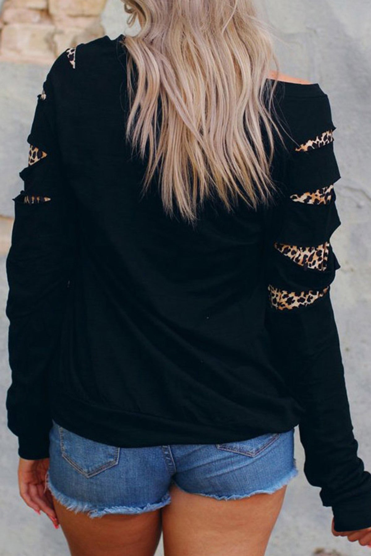 Black Leopard Ripped Sleeves Graphic Sweatshirt