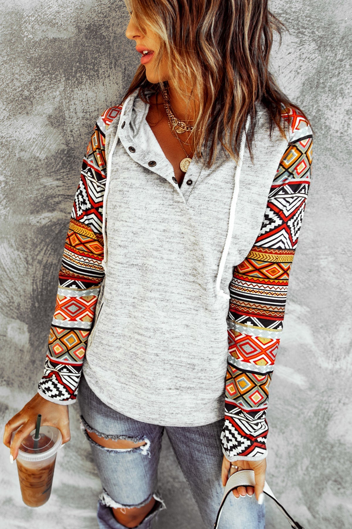 Tribal Print Long Sleeve Button Neckline Drawstring Hoodie