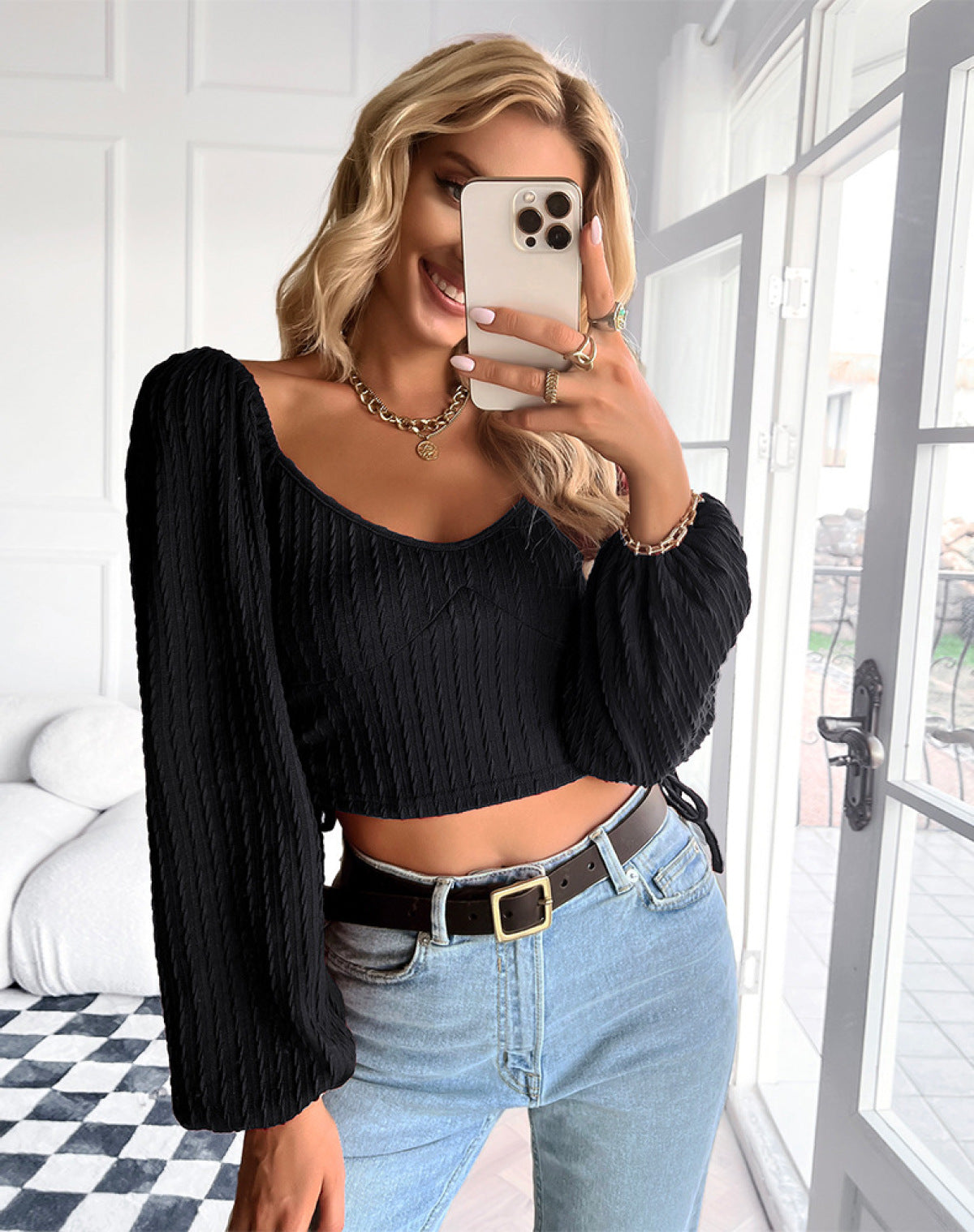 V-Neck Solid Long Sleeve Drawstring Cropped Top