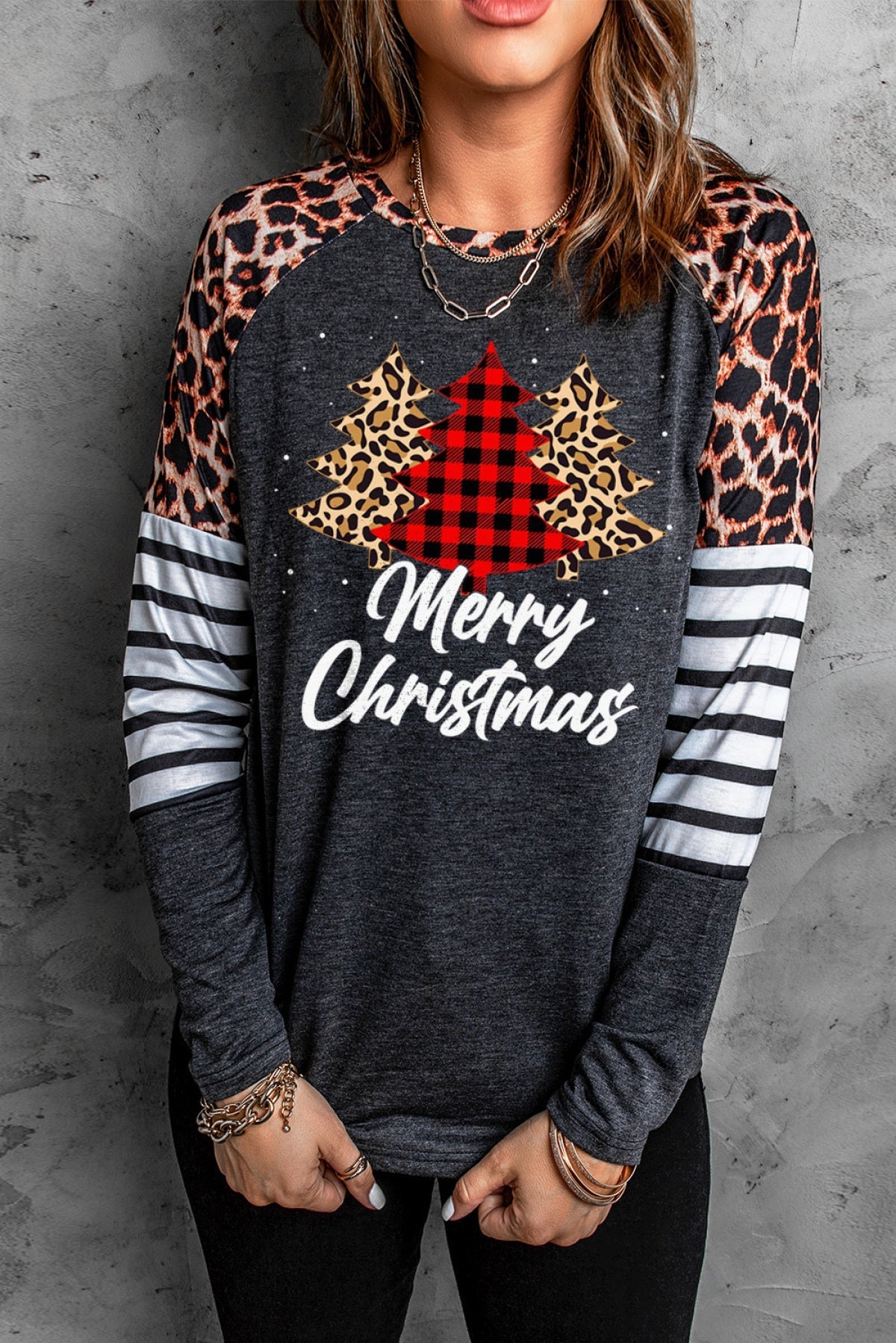 Black Merry Christmas Tree Leopard Stripe Print Graphic Top