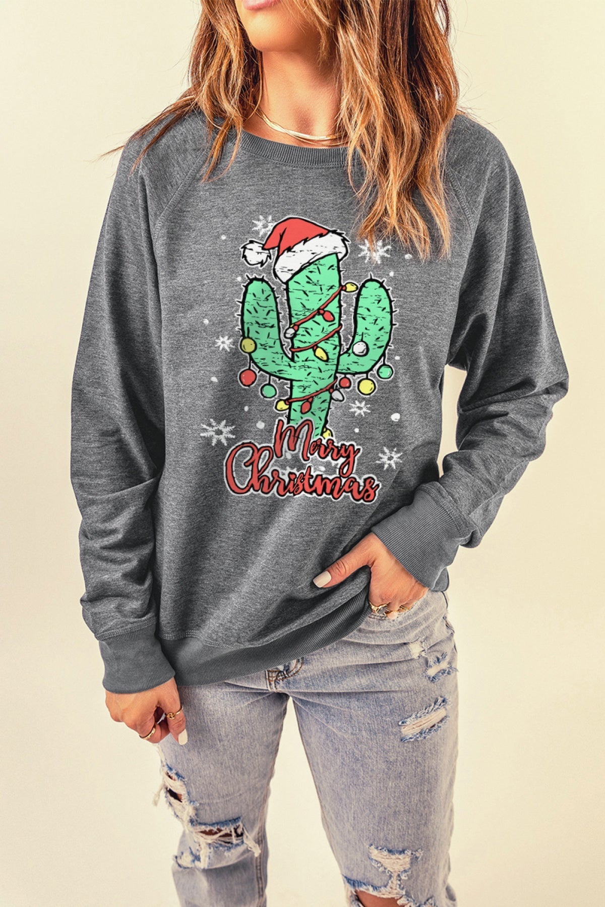 Gray Christmas Cactus Letter Graphic Print Pullover Sweatshirt