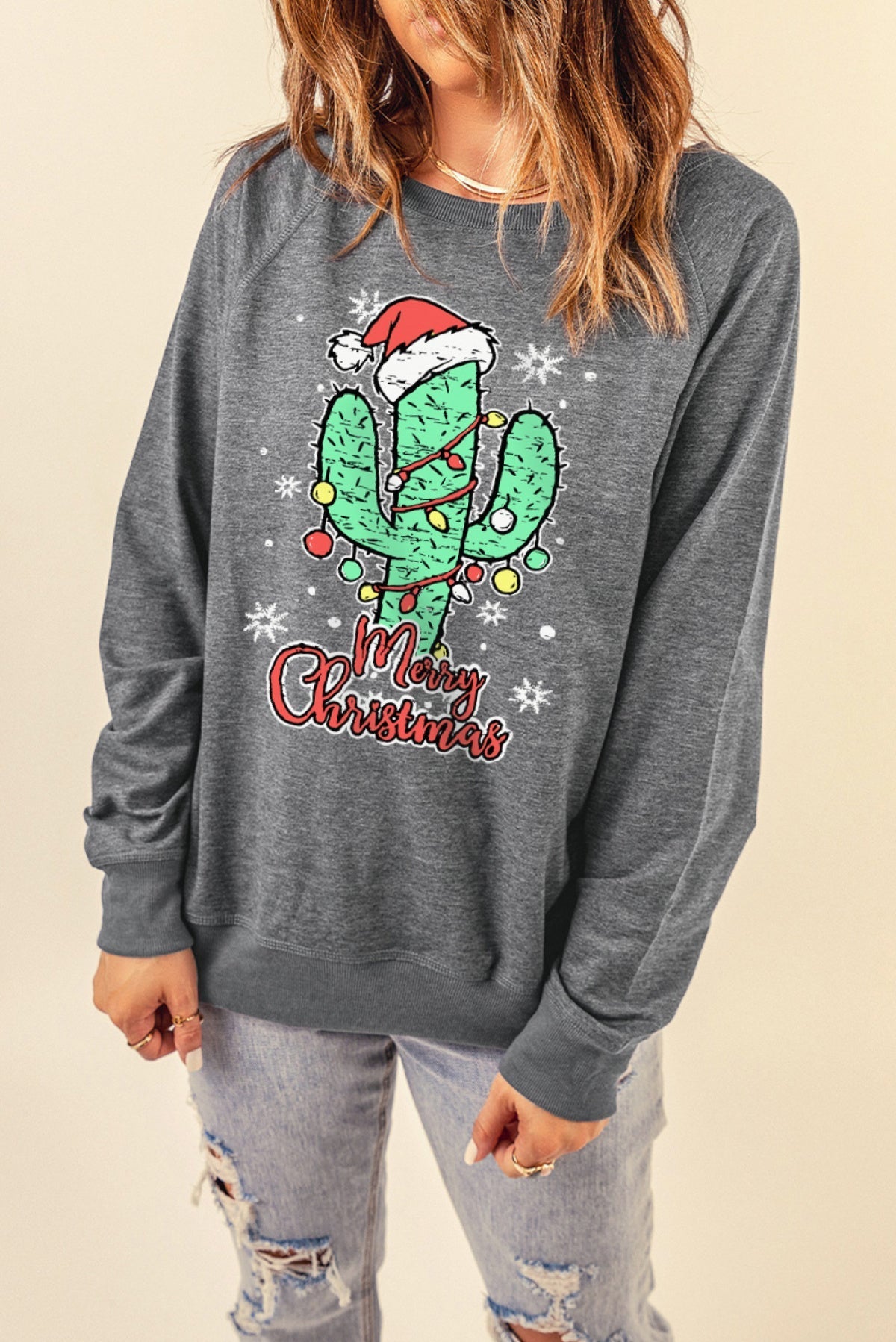 Gray Christmas Cactus Letter Graphic Print Pullover Sweatshirt